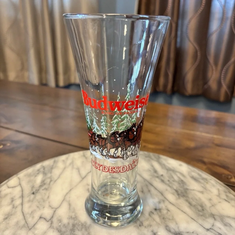 VTG 1992 Budweiser Collectible Tall Flute Pilsner Beer Glass Clydesdale Holiday